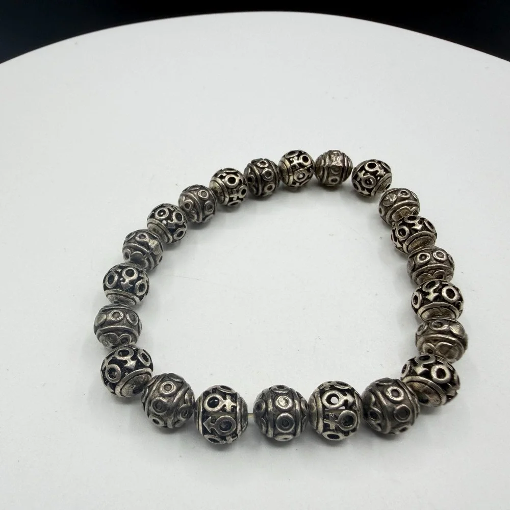 Silver Tone Ornate Beaded Stretch Bracelet Boho Statement Stackable Gift Fashion